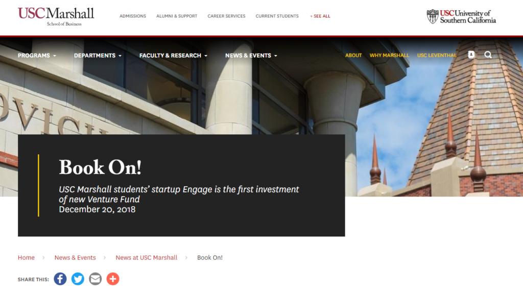 Book On! USC Marshall students’ startup Engage is the first investment of new Venture Fund